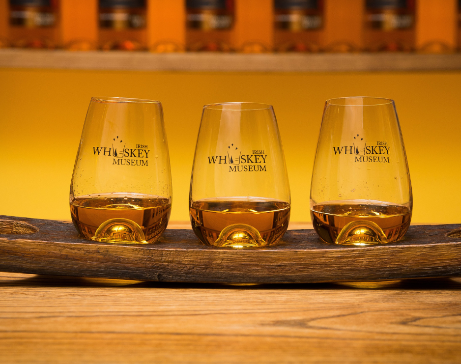 Whiskey glasses filled with Irish whiskey at the Irish Whiskey Museum.